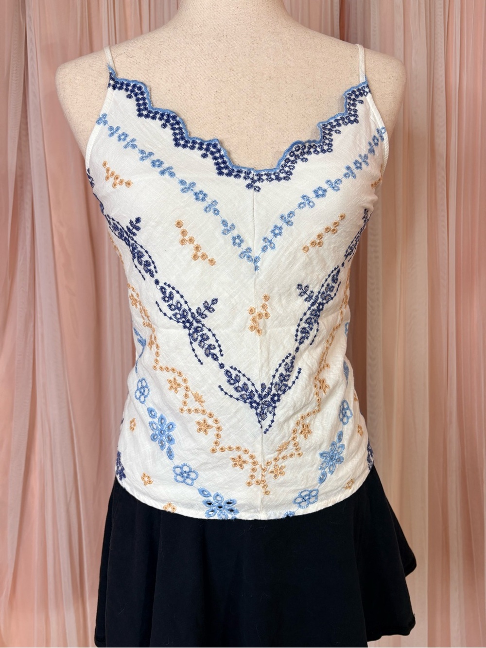 miami White Cami with Blue & Tan Floral Embroidery